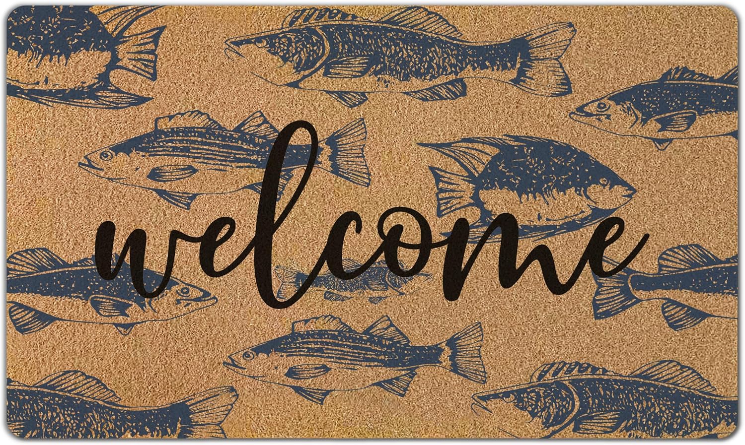 Nautical Blue Fish Welcome Door Mat, Beachy Ocean Front Door Mat Rug Outdoor Indoor Entrance, Coastal Fish Artificial Coir Doormat for Beach House Patio Porch Outside Entryway, 30x17 Inch