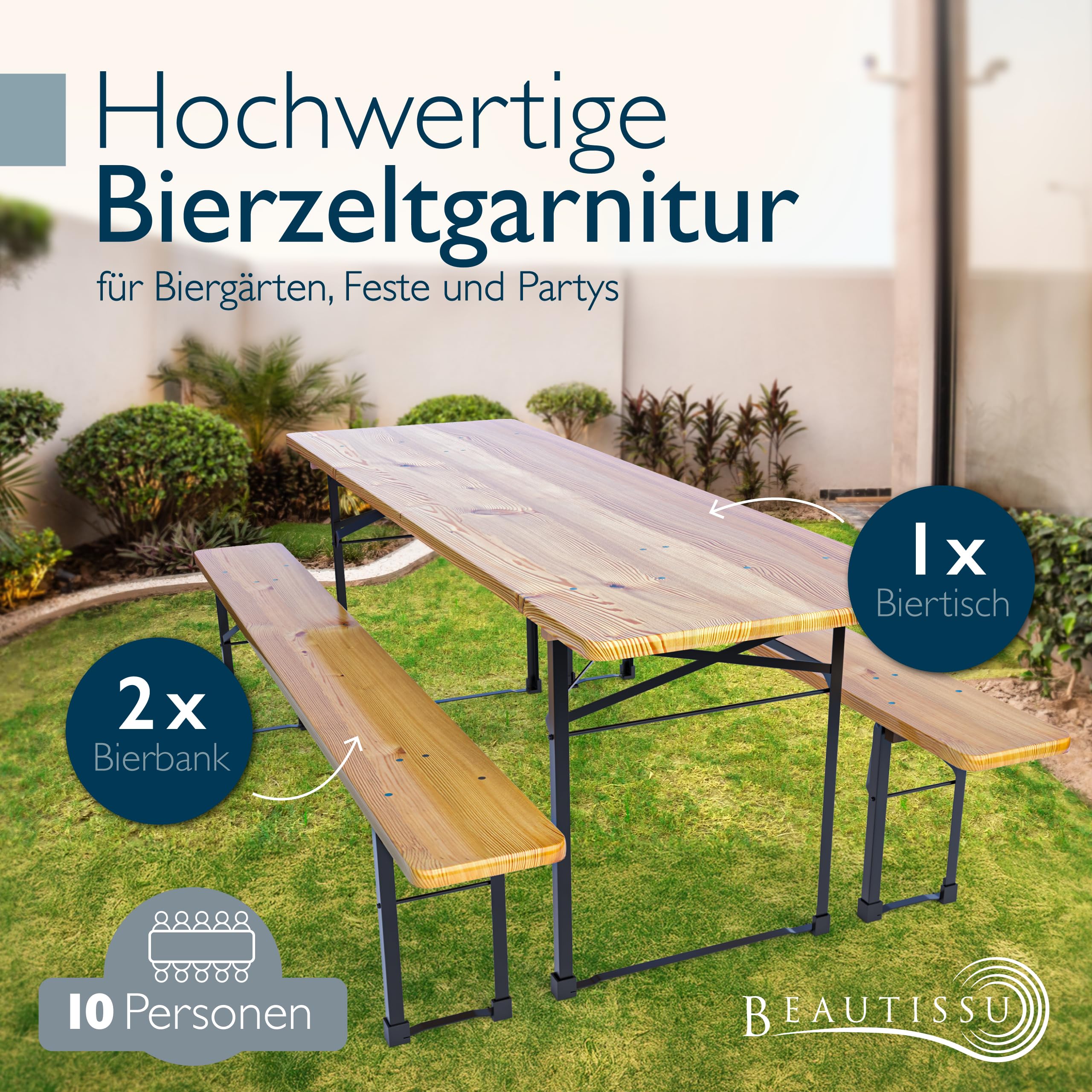 Beautissu 3tlg Bierzeltgarnitur 220x70 cm Holz - 1x Biertischgarnitur & 2X Bierbank Biertisch Bierzeltgarnitur klappbar - Bierbankgarnitur Biergartengarnitur Festzeltgarnitur Campingtisch Outdoor