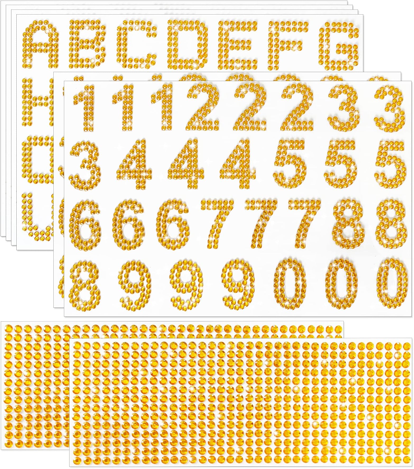 Kenkio 8 Sheets Glitter Rhinestone Alphabet Letter Stickers Number Stickers and Gemstone Border Stickers, Self-Adhesive 26 Letters Bling Crystal Stickers DIY Decoration for Art and Crafts Supplies (Gold)