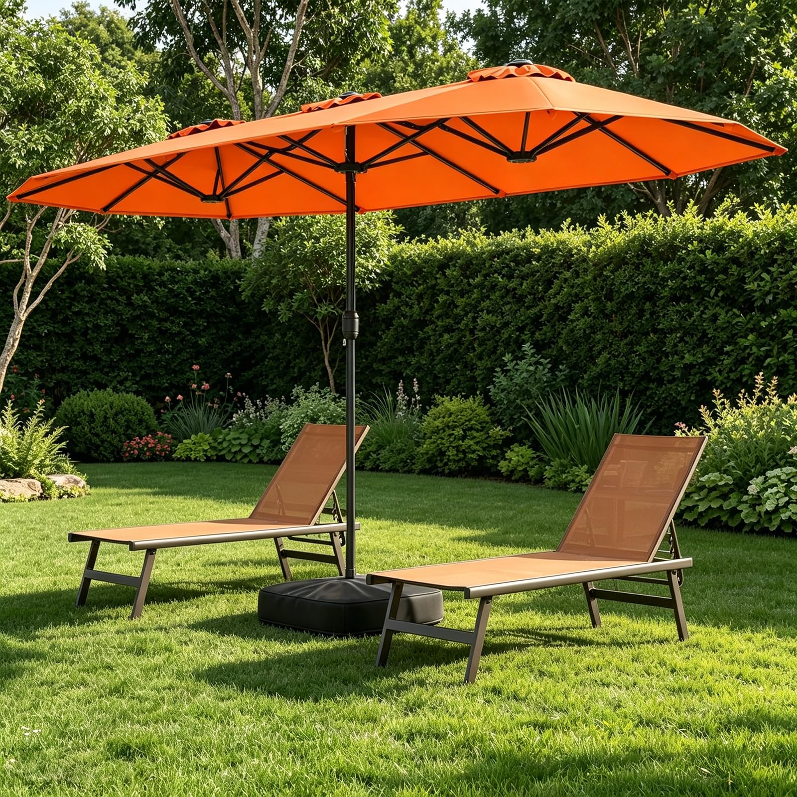 RELAX4LIFE Grand Parasol de Jardin Exterieur avec Pied, 4x2M Parasol Double pour Terrasse/Piscine/Marché, 12 Baleines Renforcées, Manivelle, Protection Solaire pour 6-8 Personnes (Orange)