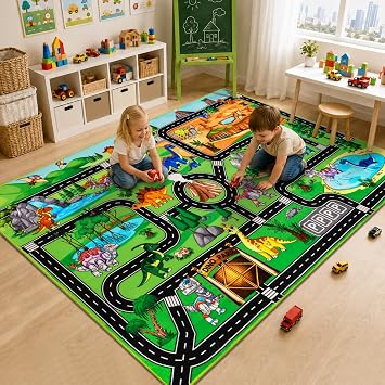 Dinosaur Rug for Kids, 59"x 39.4" Dino Road Play Mat for Toy Car