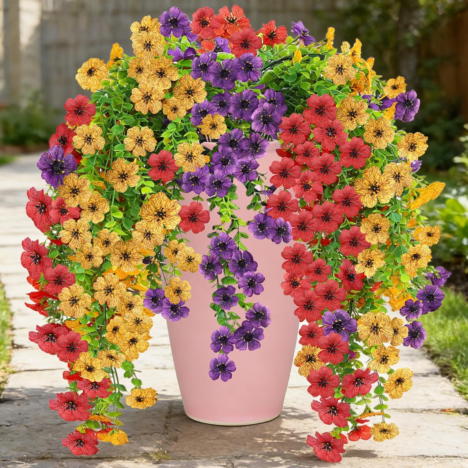 6 Pcs Artificial Hanging Flowers for Outdoor Indoor Garden Home Decoration, No Fade Faux Flower Daisy with Eucalyptus Leaves for Planter Home Garden Porch Patio Window Box (Mix Red Purple Yellow)