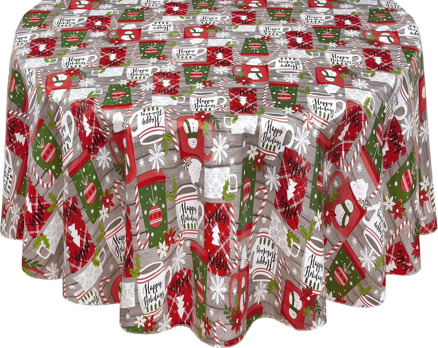 Newbridge Jolly Holiday Candy Cane Print Flannel Back Vinyl Christmas Tablecloth - Happy Holidays Grey, Red and Green Xmas Wipe Clean Easy Care Tablecloth, 60” x 84” Oval