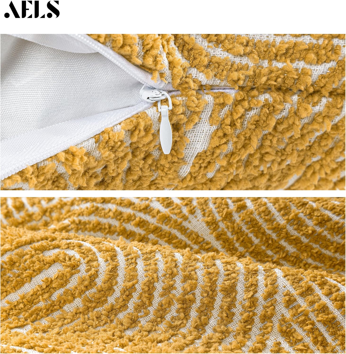 AELS Boho Decorative Textured Throw Pillow Covers 26x26, Organic Modern Mid Century Rainbow Tufted Pillow Case, Farmhouse Rustic Geometric Woven Cushion Case for Bed Couch Sofa, Mustard Yellow