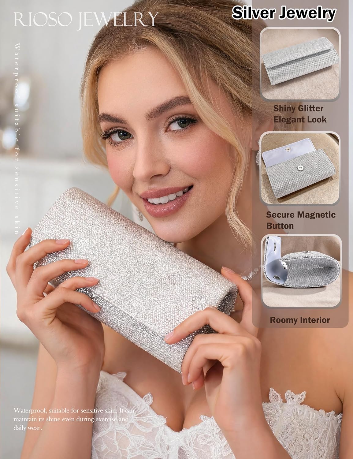 RIOSO Silver Clutch Purse Prom Wedding Jewelry Sets for Women Rhinestone Clutch Silver Necklace and Earring Bracelet Accessories Set for Wedding Formal Bridal Bridesmaid Evening Prom Jewelry
