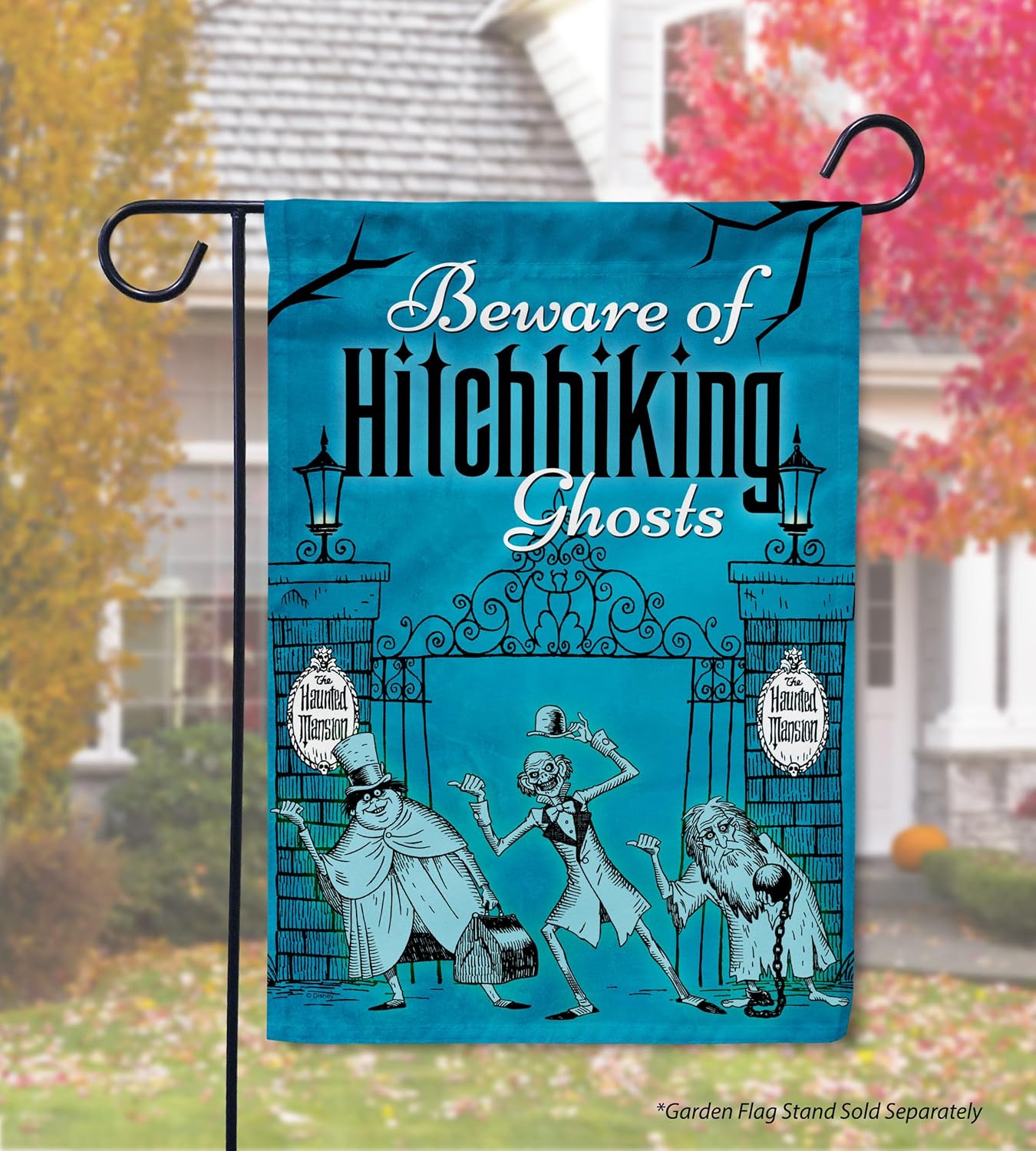 Flagology, Disney Haunted Mansion Beware of Hitchhiking Ghosts – Garden Flag 12" x 18", Exclusive Fabric, Officially Licensed Disney, Halloween