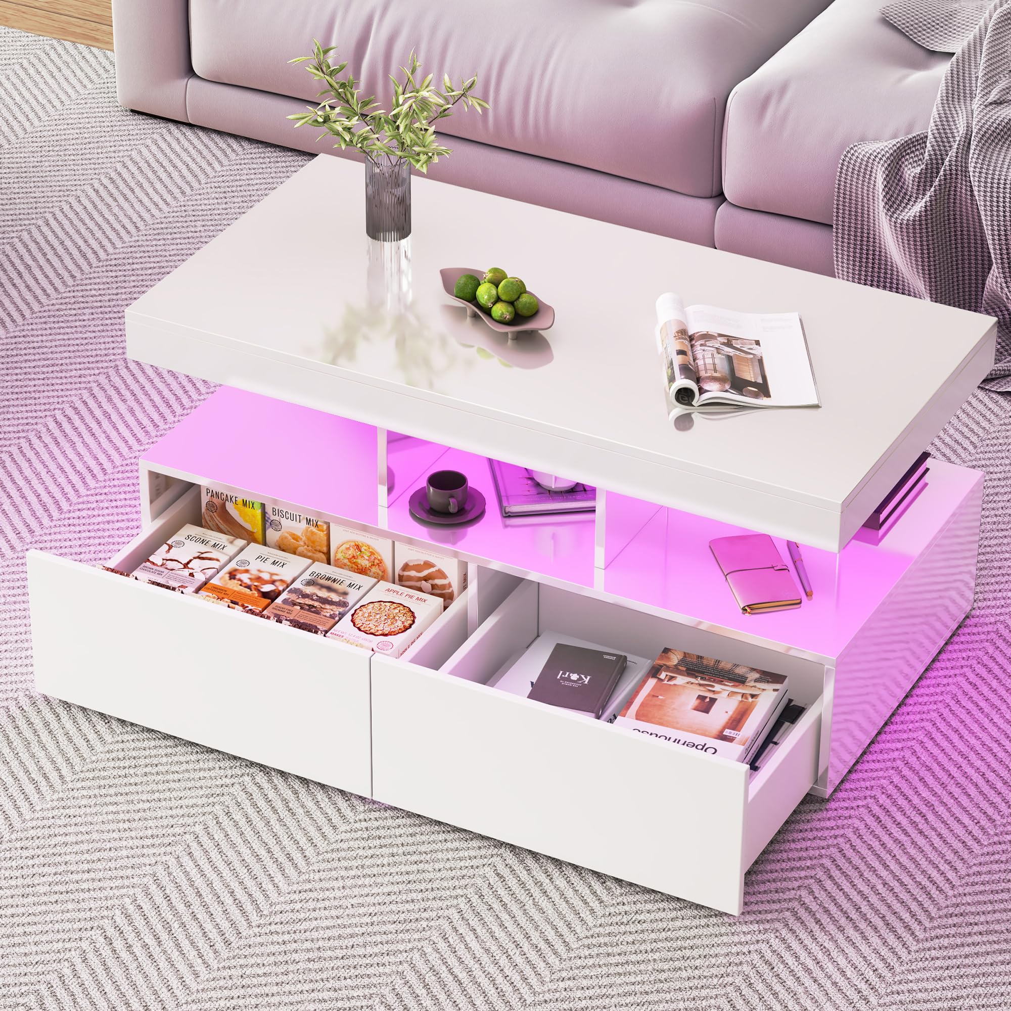 Rechteckiger Couchtisch, Wohnzimmertisch mit LED und 2 Schubladen, Moderner Wohnzimmertisch Weiß Couchtisch für Wohnzimmer (Weiß)