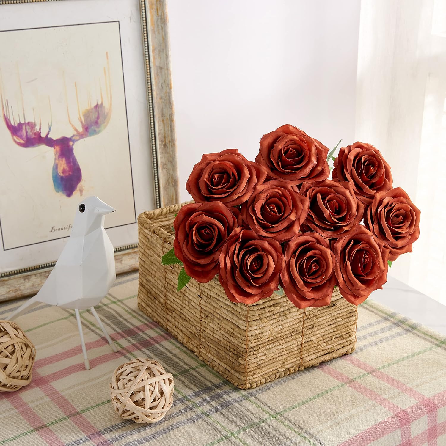 Artificial Rose 10pcs Open Flower Bouquet Faux Rose Stems for Wedding Arrangement, Bridal Bouquet, Centerpiece, Fake Faux Silk Flowers (Burnt Orange) - Image 3