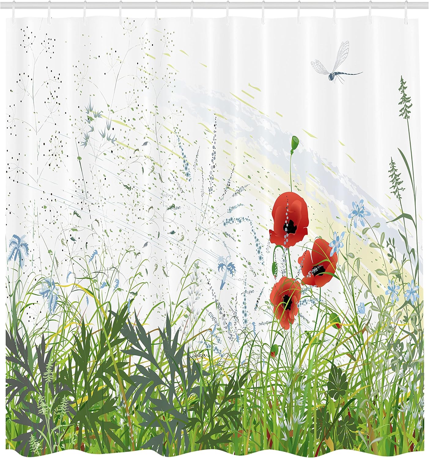 Ambesonne Dragonfly Shower Curtain, Illustration of Meadow Field a Single Fleur-de-lis on Distressed Grunge Background, Cloth Fabric Bathroom Decor Set with Hooks, 69" W x 84" L, Green Red