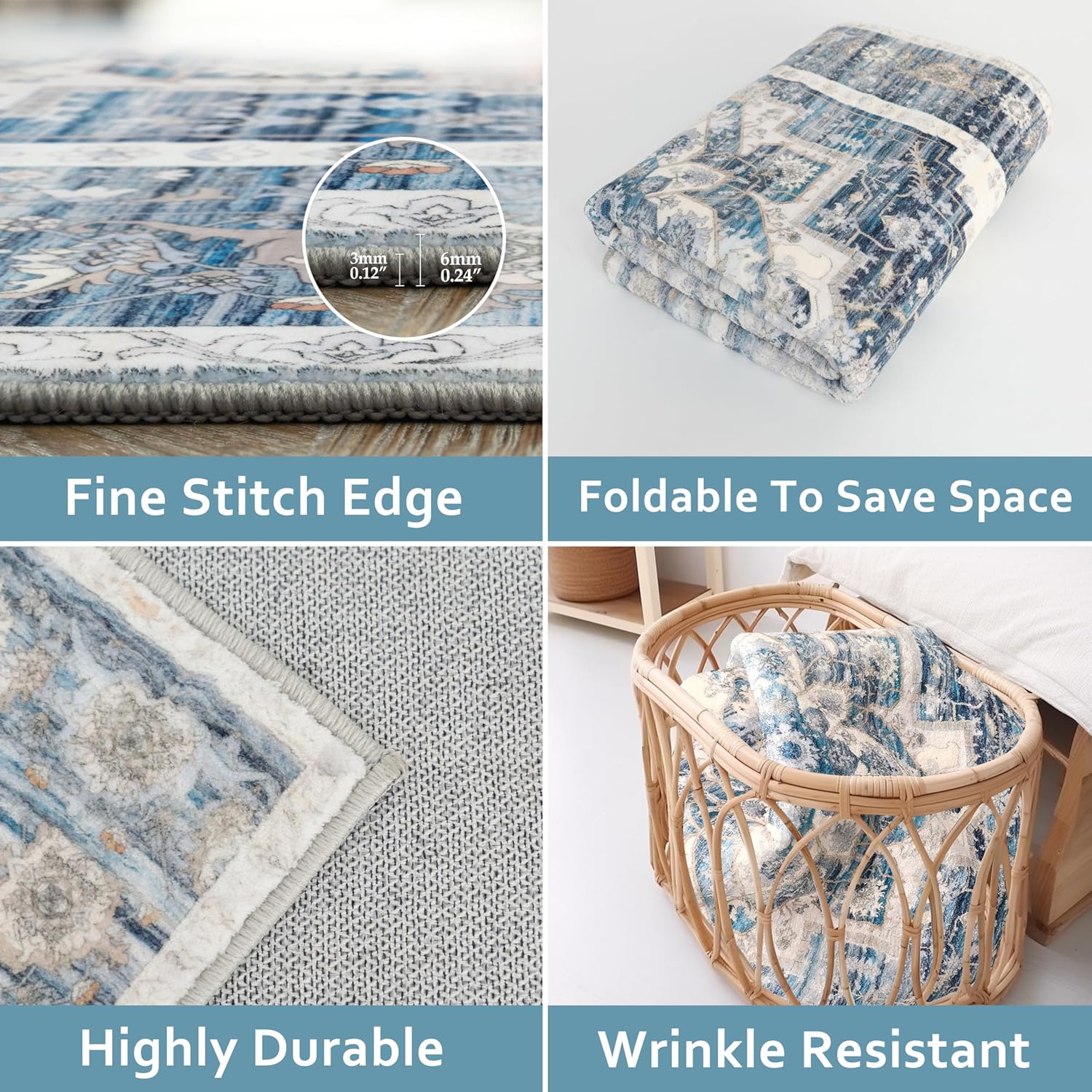 DriftAway Area Rug 5x7 Washable Rugs for Living Room Non Slip Rubber Backing Low Pile Non Shedding Carpet Friendly Boho Foldable Vintage Rugs for Bedroom Dining Room Navy Blue