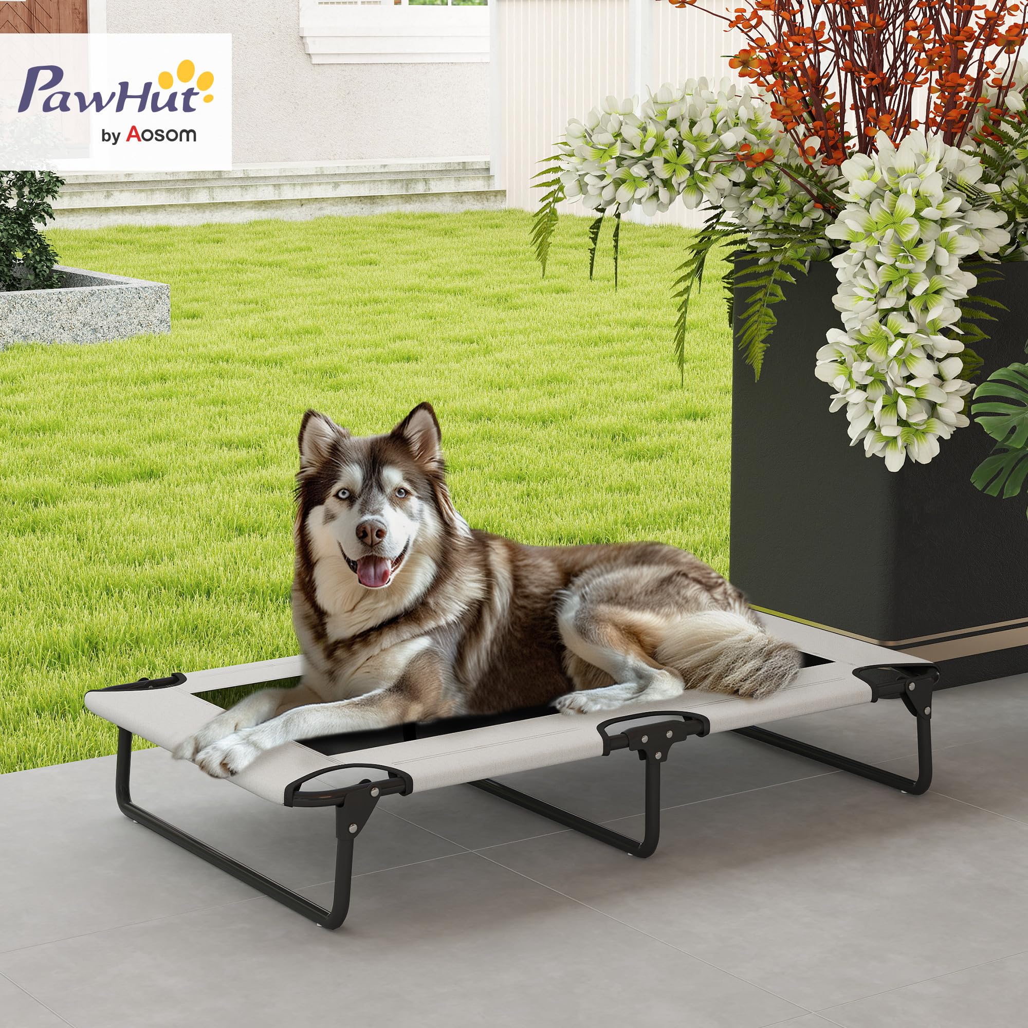 PawHut Letto per Cani Rialzato Pieghevole con Tessuto a Rete, Brandina per Cani Grandi da Interno ed Esterno, 107x61x20 cm, Grigio Chiaro