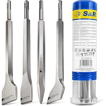 S&amp;R SDS-plus 4-Piece Hammer Drill Chisel Set, Heavy Duty and Heat Hardened - 1x Flat Chisel, 2x Tile Chisel, 1x Pointed Chise