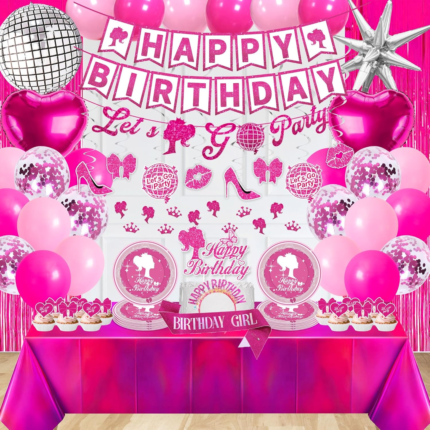 99PCS Hot Pink Birthday decorations Party Supplies, Glitter Happy Birthday Banners, Hanging Swirls, Backdrops, Foil Balloons, Tableware Set, Tiara, Sash, Sunglasses for 18th 21st Women girls