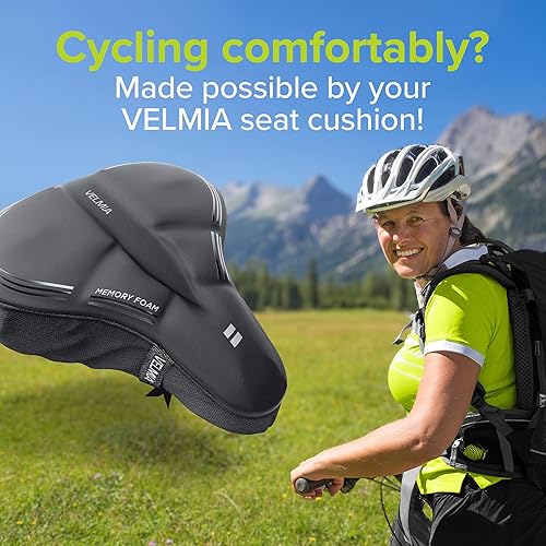 Miniatura 2 de VELMIA Cojín de asiento de bicicleta hecho de cómoda espuma viscoelástica I funda de asiento de bicicleta para hombres y mujeres con funda