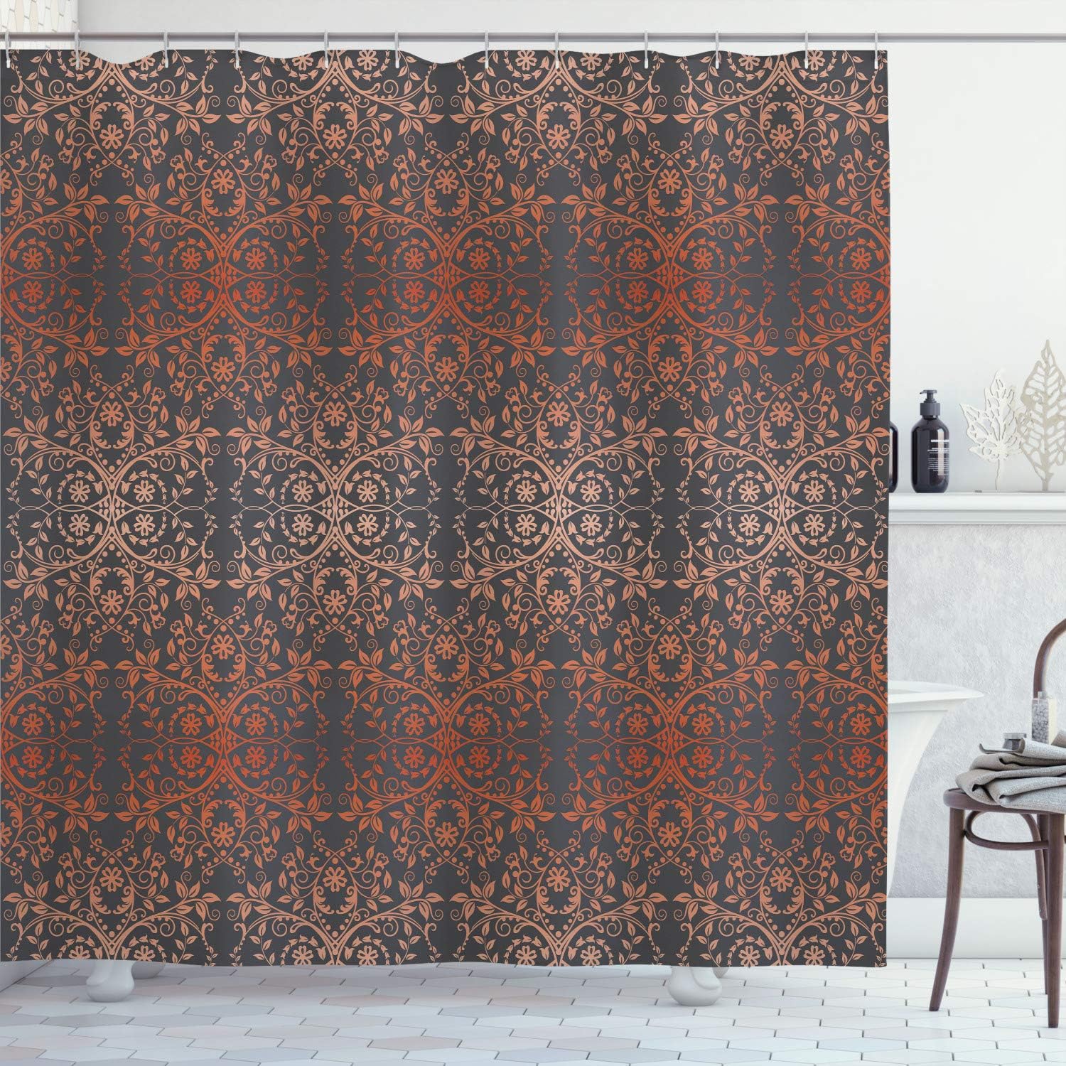 Ambesonne Floral Shower Curtain, Victorian Lace Flowers and Leaves Retro Background Old Fashioned Graphic, Cloth Fabric Bathroom Decor Set with Hooks, 84" Long Extra, Dark Warm