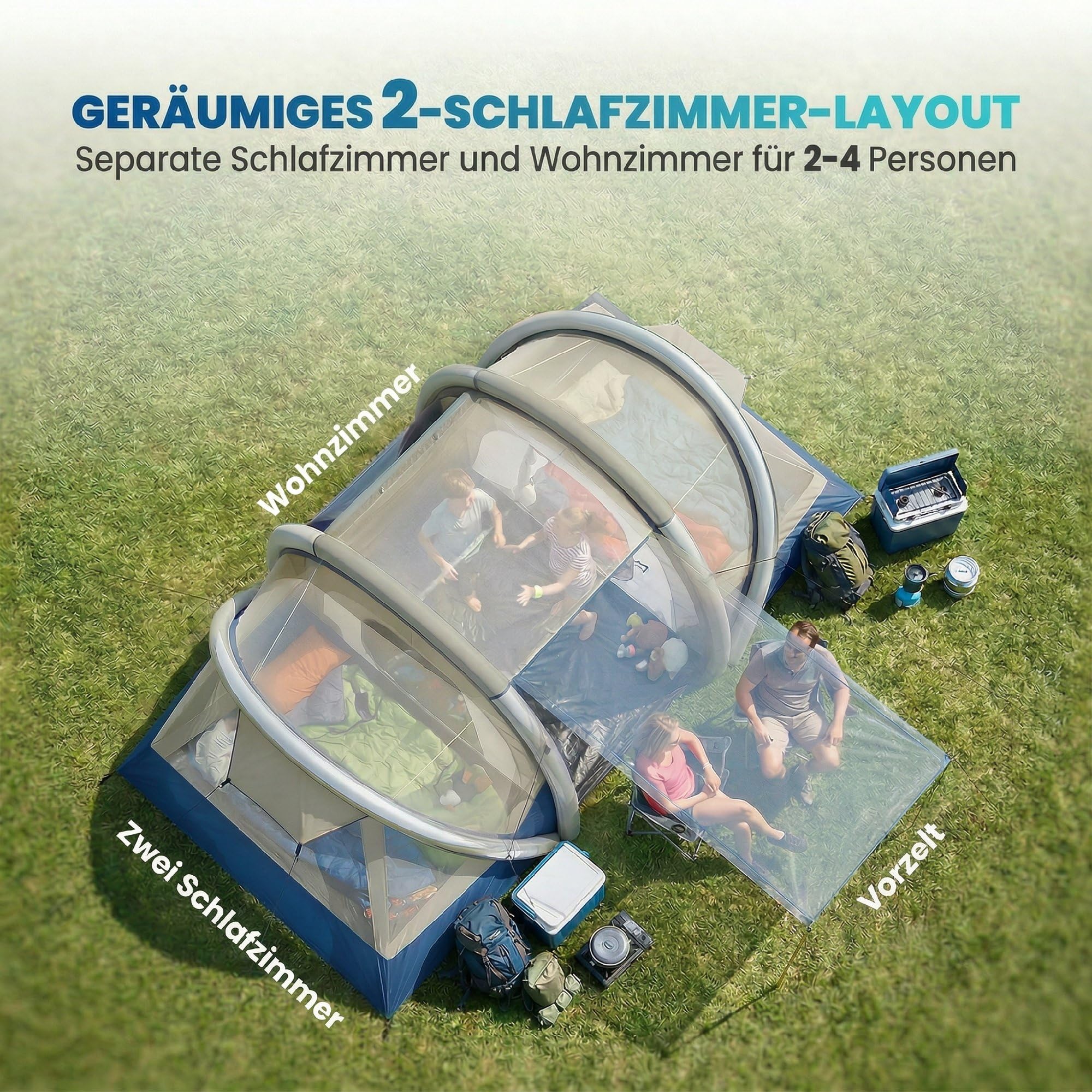Outsunny Tienda de campaña inflable para 4 personas, montaje rápido, tienda de campaña al aire libre con bomba de aire, 2 dormitorios, ventana de malla fluorescente, piquetas fluorescentes, toldo