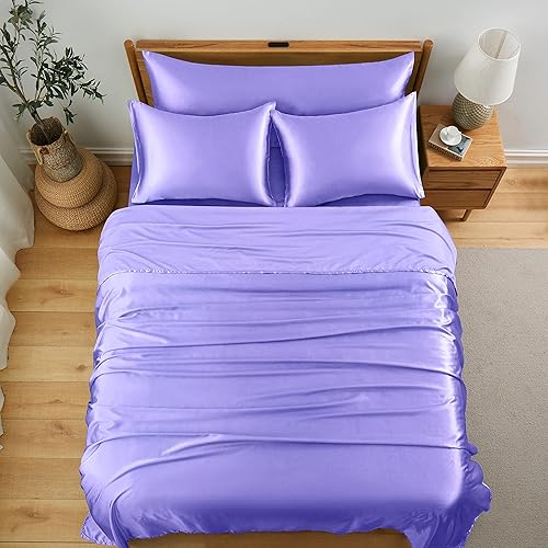 Miniatura 2 de Entisn Juego de sábanas de satén de 7 piezas para camas ajustables, sábanas de satén sedoso lavanda, sábanas ultrasuaves de hotel de lujo, 2 sábanas