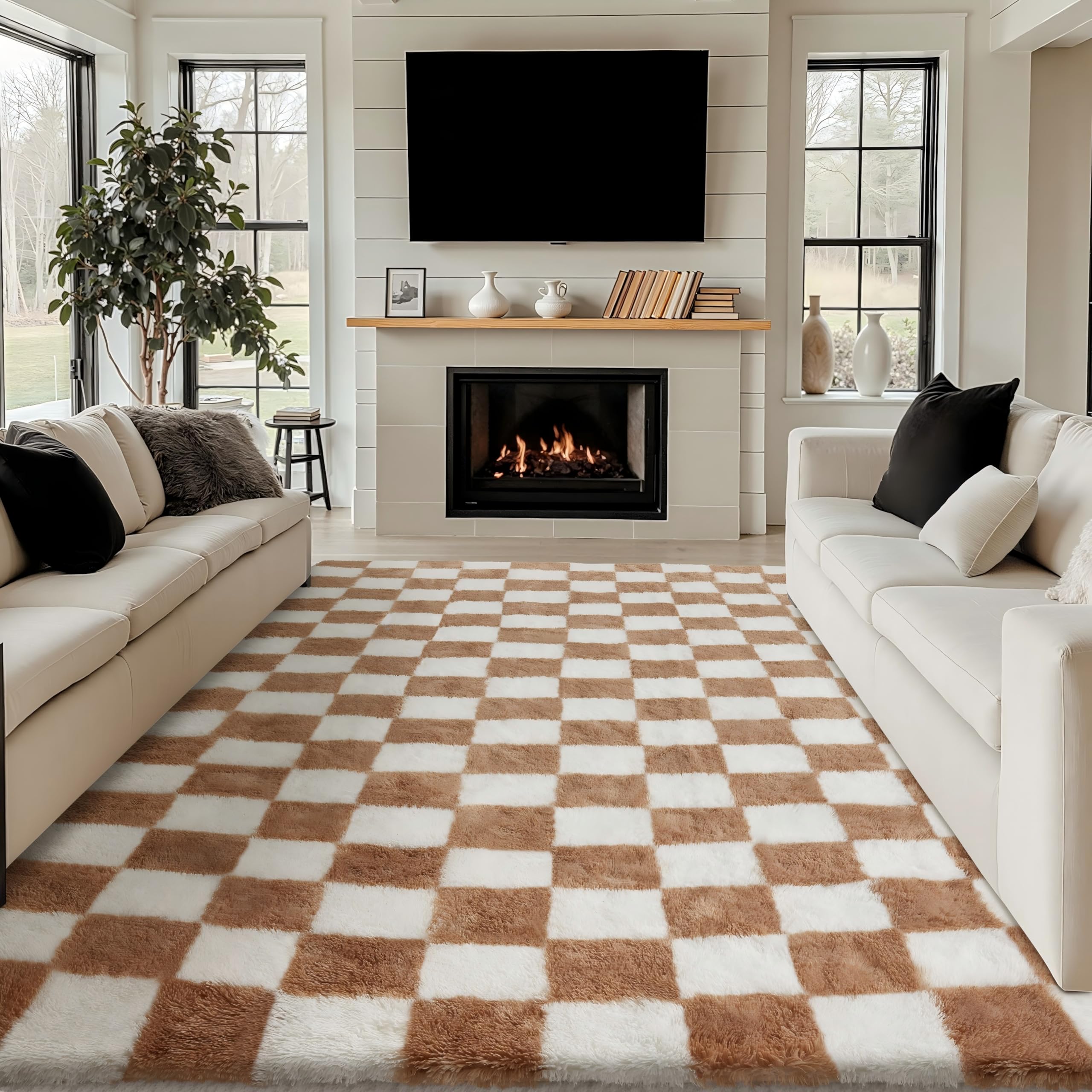 HUGEAR Kariert Flauschig Teppich Wohnzimmer 240x300 Teppiche Braun Weiß Shaggy rutschfest Kinderzimmer Mädchen Junge Carpet Schlafzimmer Hochflor Weich Groß Carpets
