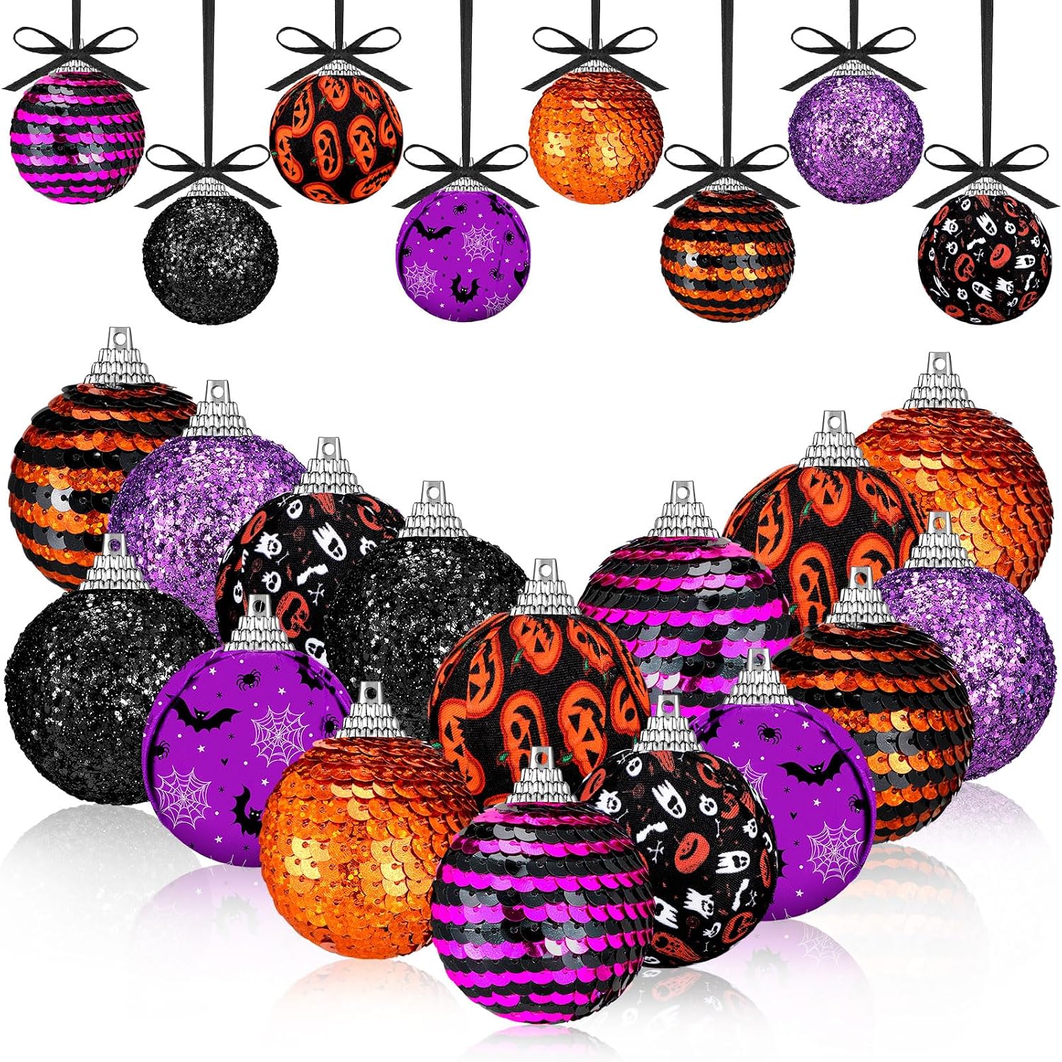 Zeyune 16 Pcs Halloween Ball Ornaments for Tree 2 Inch Halloween Tree Decor | Pumpkin Ghost Bat Spider Tree Ornaments, Glitter Sequins Ball for Holiday Party Decor