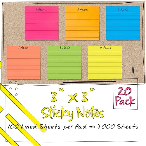 Miniatura 4 de Better Office Products Notas adhesivas forradas de 3 x 3, caja de 20 unidades, 2,000 hojas (100/bloc), notas autoadhesivas con líneas, colores