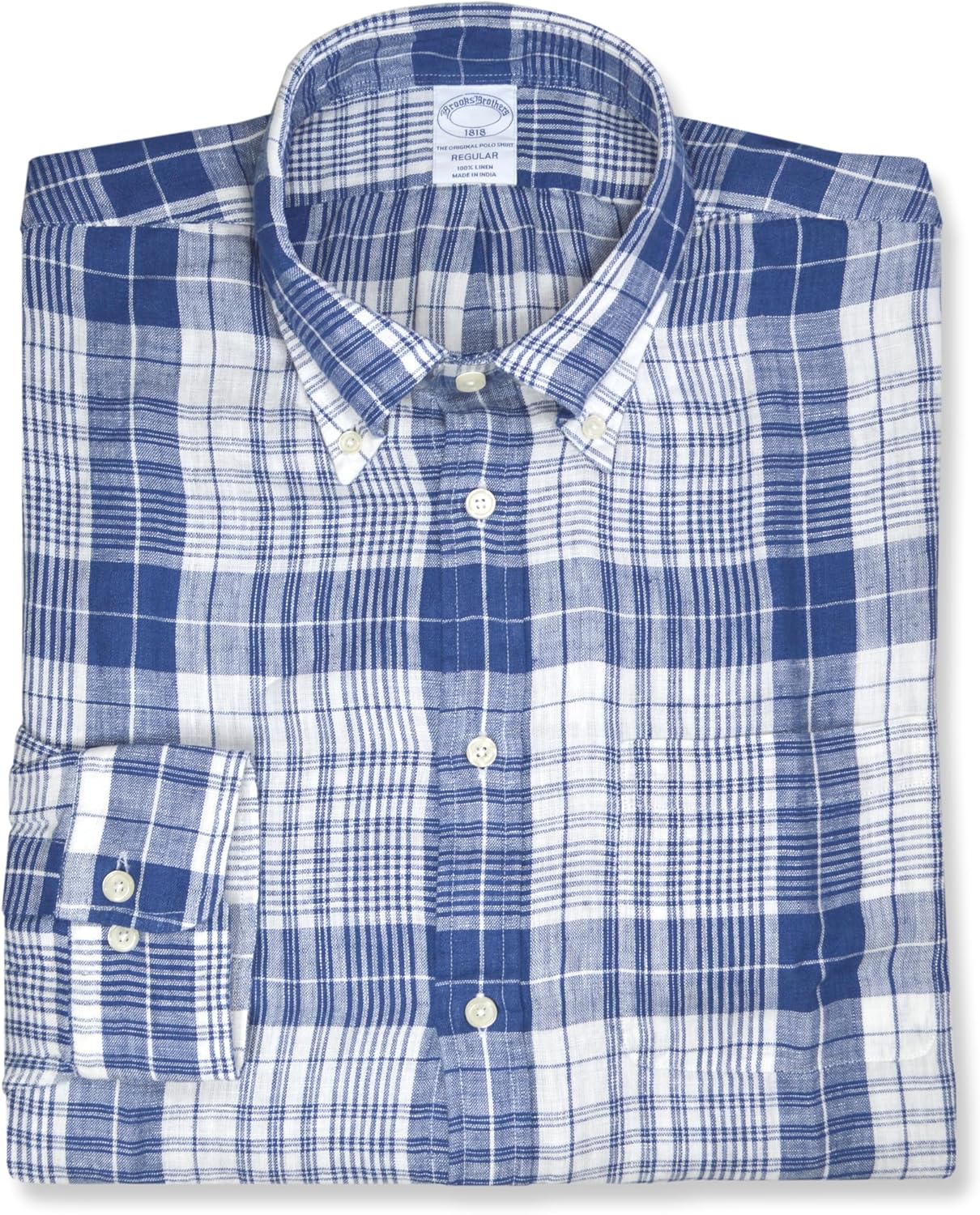 Brooks Brothers Men's 100% Linen The Original Polo Plaid Long Sleeve Shirt,