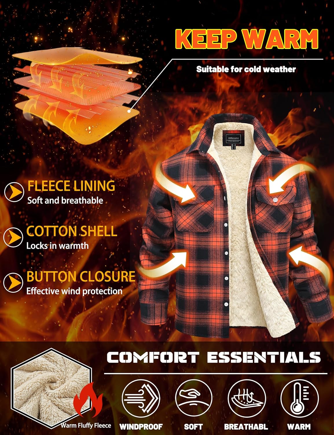 MAGNIVIT Mens Flannel Plaid Shirts Fleece Warm Winter Coat Sherpa Lining Jackets Soft Thickened Outwear Casual Outdoor Travel - Image 4