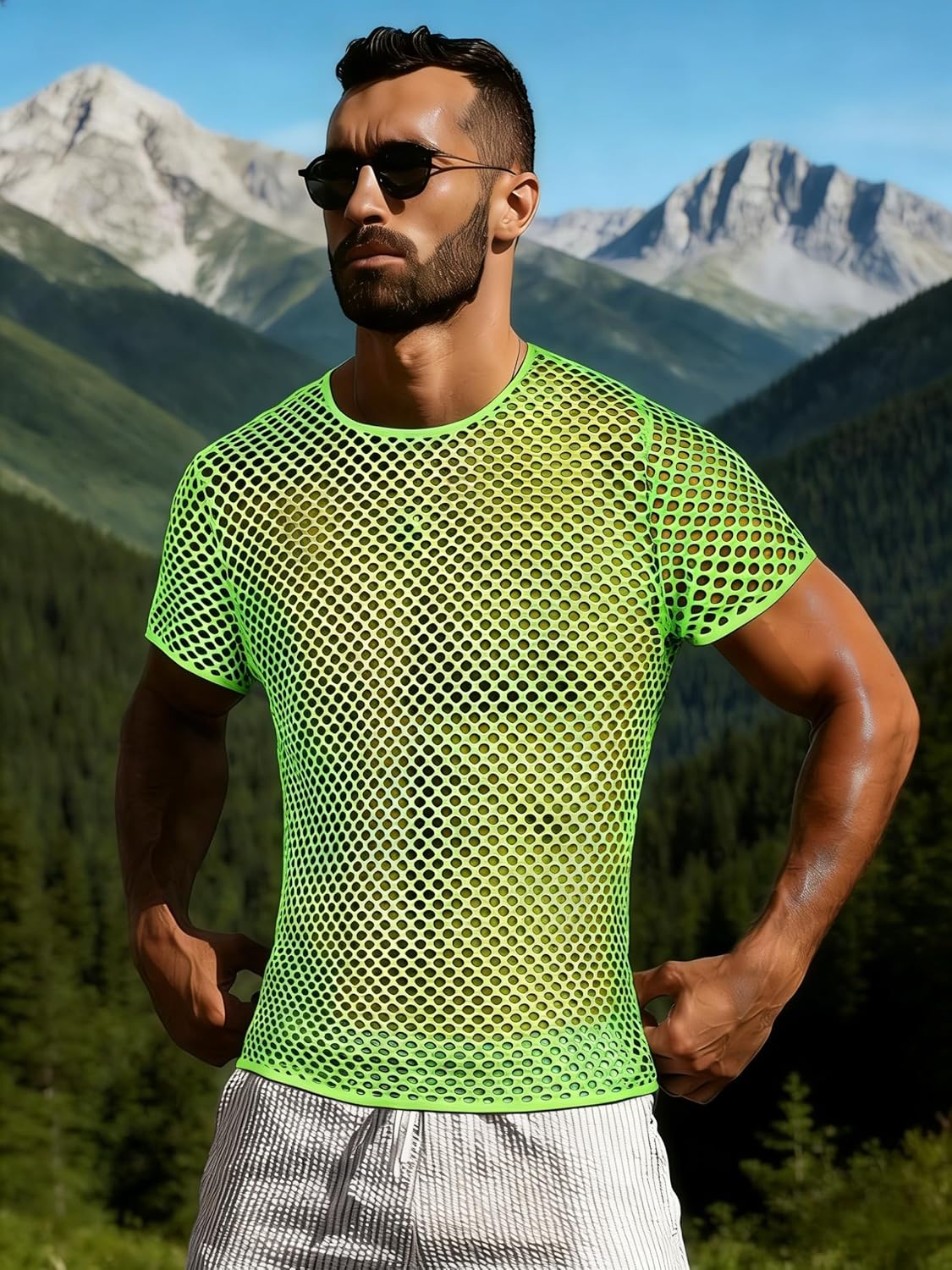 Men's Mesh Fishnet Top Short Sleeve Sheer See Through T Shirt Fitted Muscle Blouse Clubwear - Image 2