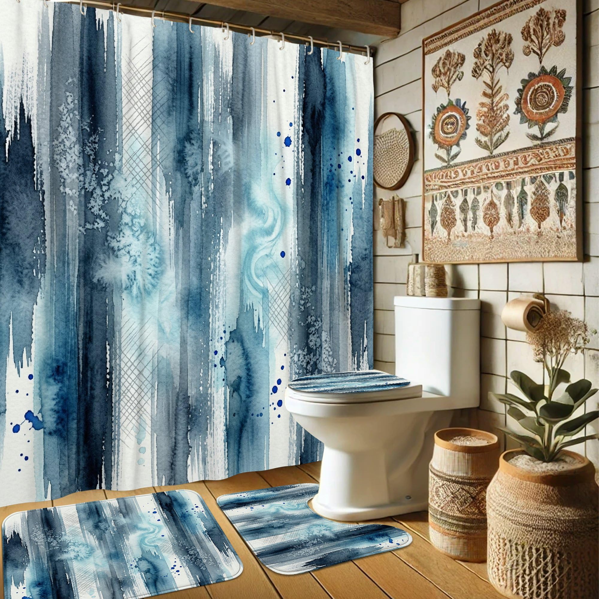 Rideau de douche moderne à rayures abstraites et tapis de bain chic