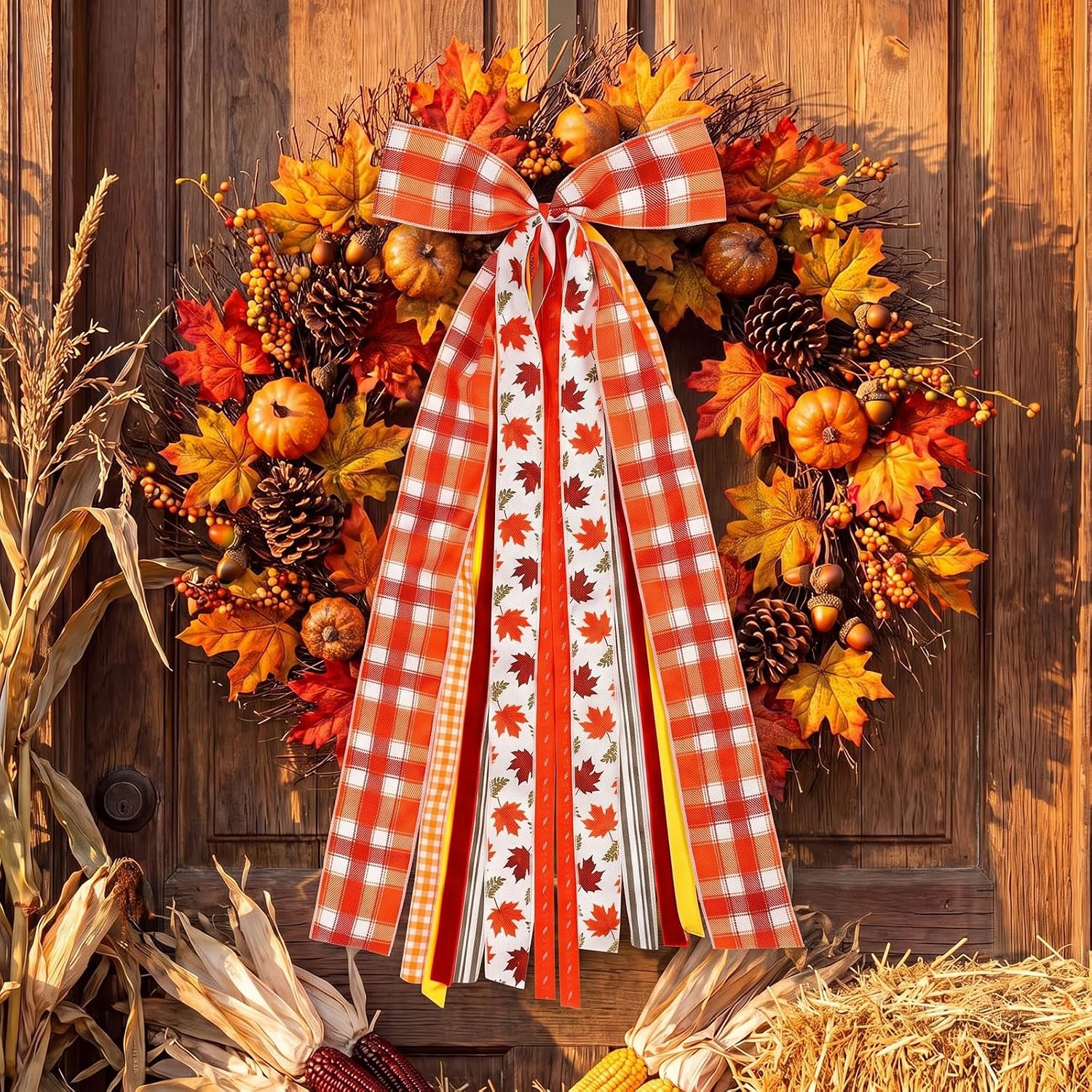 Knitgrip Large Fall Ribbon Bow for Wreath Buffalo Plaid Fabric Ribbons