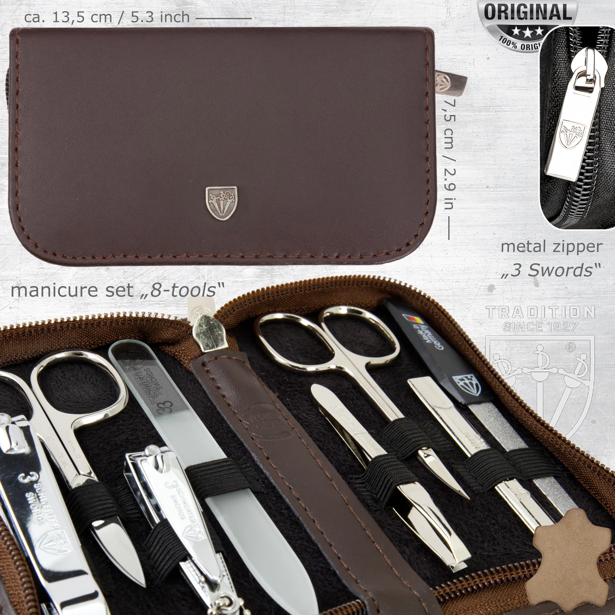 3 Swords Germany – Set di 8 pezzi per manicure e pedicure professionale per la cura delle unghie delle dita e dei piedi – Custodia in vera pelle in confezione regalo, Made in Solingen Germany (03645)
