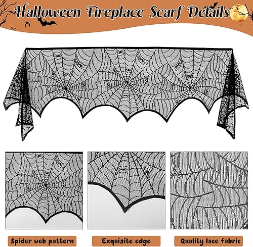 Miniatura 5 de Juego de 3 decoraciones de Halloween, camino de mesa de telarañas de encaje negro y bufanda de chimenea de telaraña de Halloween con 120 piezas de