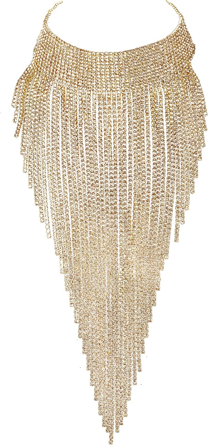 Flyonce Rhinestone Statement Necklace for Women, Tassel Bib Choker Collar Chunky Costume Jewelry for Party Formal