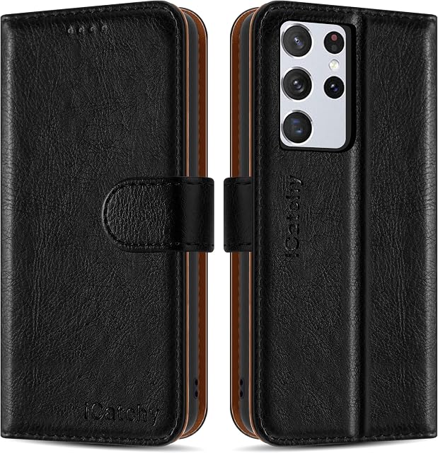 iCatchy for Samsung Galaxy S21 Ultra 5G Case Leather Wallet Flip Stand View Cover with Card Slots Compatible with Galaxy S21 Ultra 5G (6.8'') Phone Cover (Black)