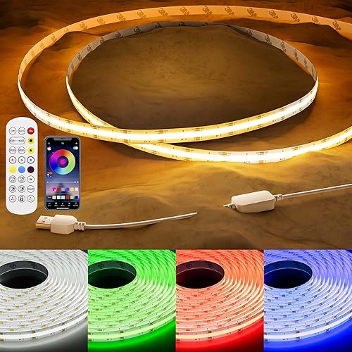 PAUTIX Tira de luces LED COB USB RGB de 5 V, 4.92 pies, cambio de color, luz de fondo de TV, multicolor, flexible, para debajo del gabinete, con