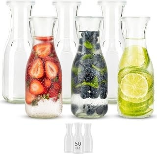 Glass Carafe Pitchers, by Kook, Mini Carafes- set of 6, Beverage Dispensers, Clear Jugs For Mimosas, Water, Wine, Milk and Juice, with Plastic Lids, Dishwasher Safe 17.3 oz