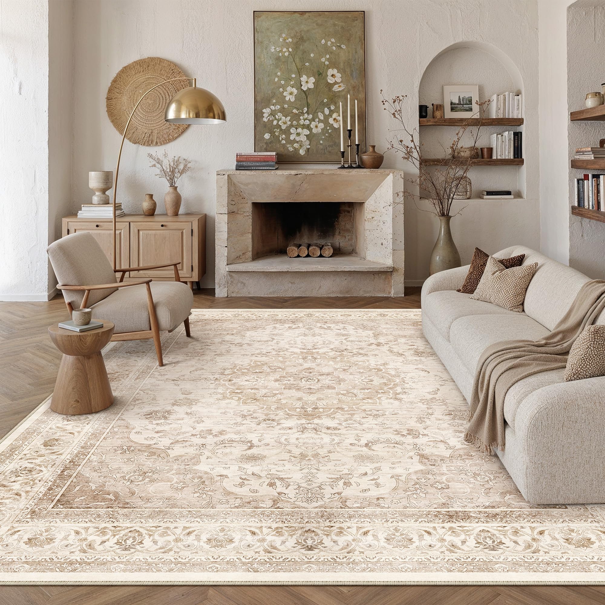 Tapis salon 200x300cm beige lavable à poils courts pour grand séjour rétro