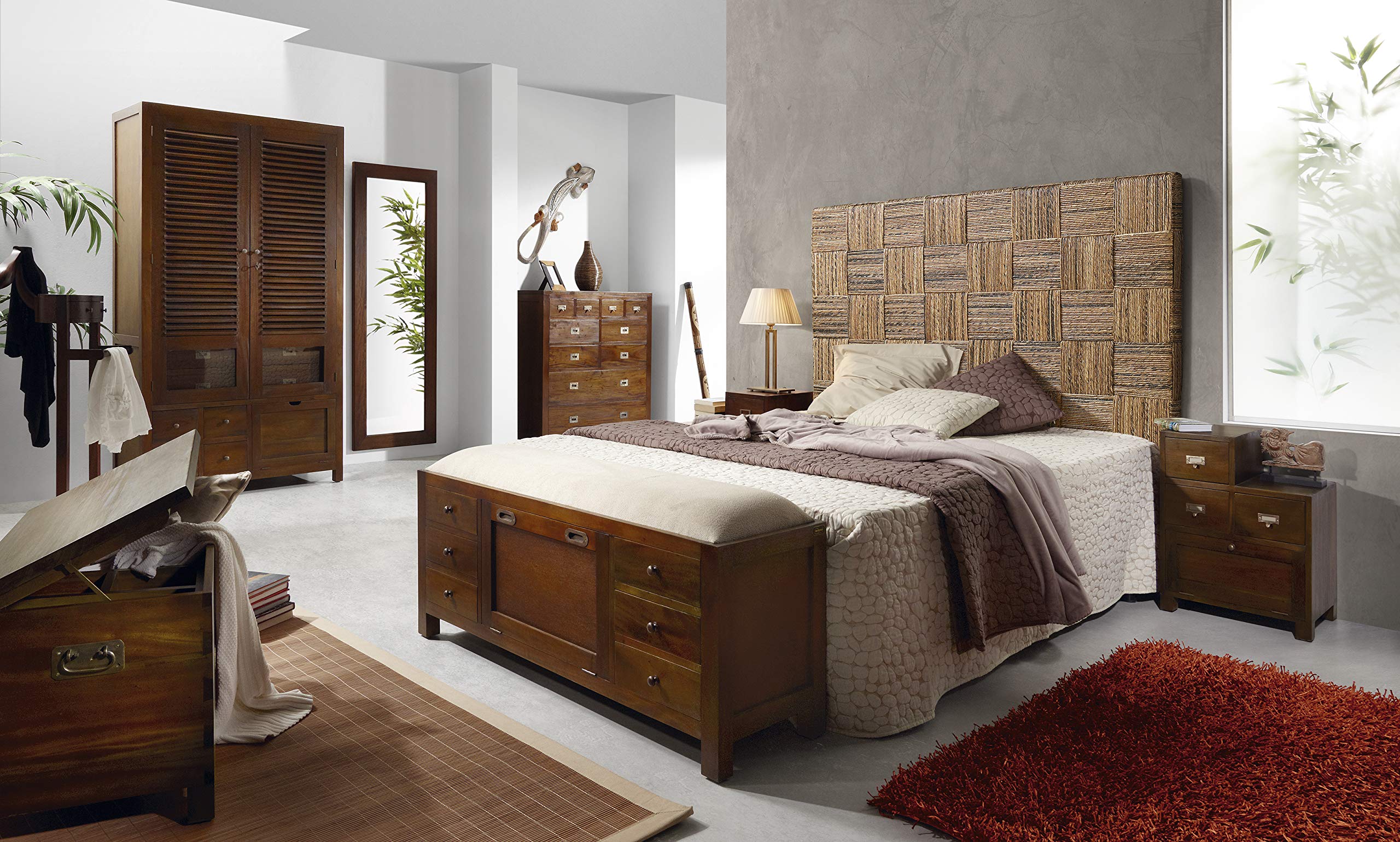 Moycor - Cabecero cuerda cuadros con rattan, tamaño 165 x 8 x 145