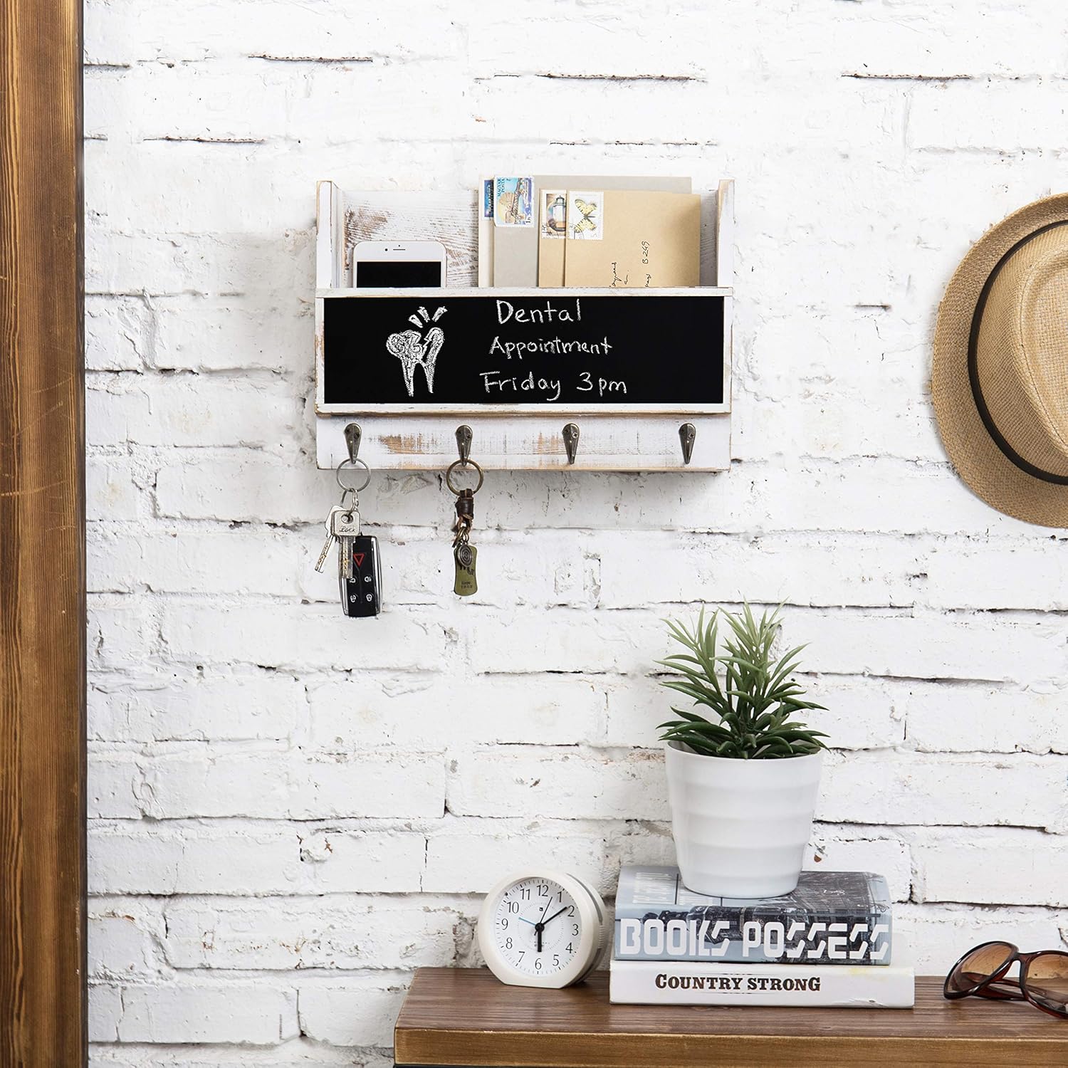 MyGift Wall Mounted Entryway Mail and Letter Storage Holder and Key Rack Organizer in Whitewashed Solid Wood Finish with Erasable Chalkboard Panel and 4 Hooks