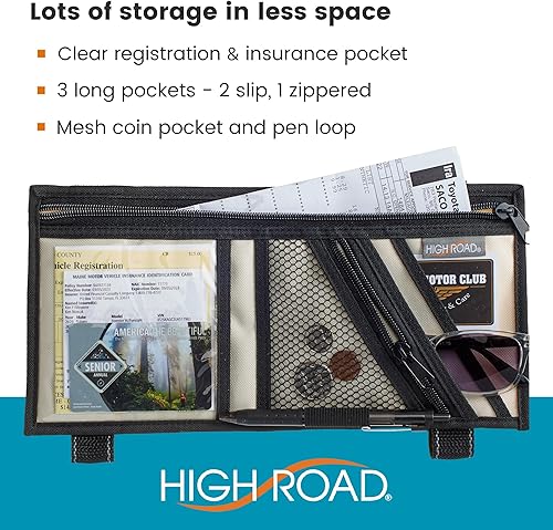 Miniatura 4 de High Road Organizador de visera de automóvil con bolsillo transparente para registro y seguro, bolsillos con cremallera, soporte para lentes de sol