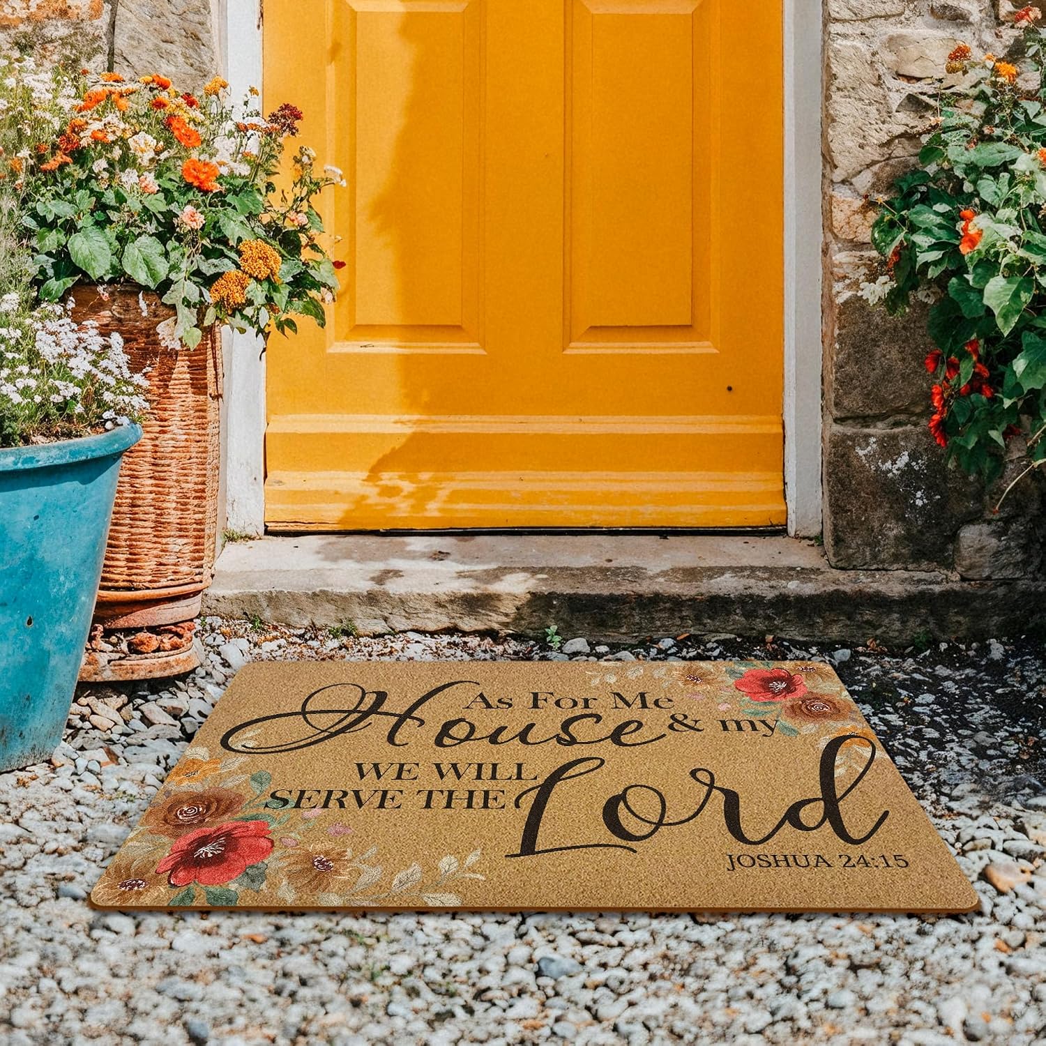 Christian Floral Door Mat Coir Doormat, As for Me and My House We Will Serve, Christian Gifts for Women, Bible Verse Front Door Mat Indoor Outdoor Entrance for Home Outside, 17x30 Inch
