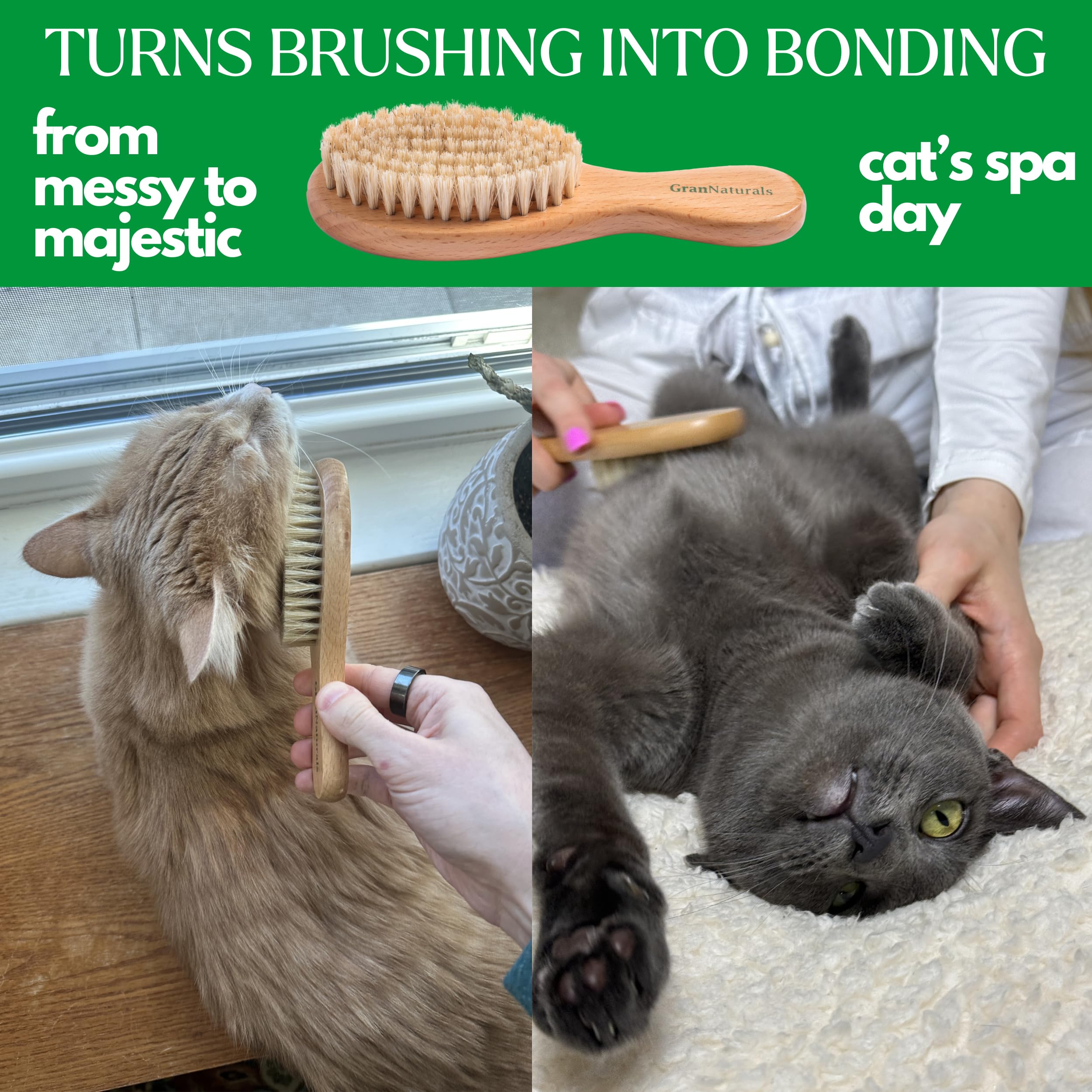 GranNaturals Cepillo suave de cerdas de jabalí para gatos para interiores, exteriores, gatos de pelo corto, gatitos, perros pequeños, conejos, mascotas peludas, aseo suave en pelaje y cola sensibles