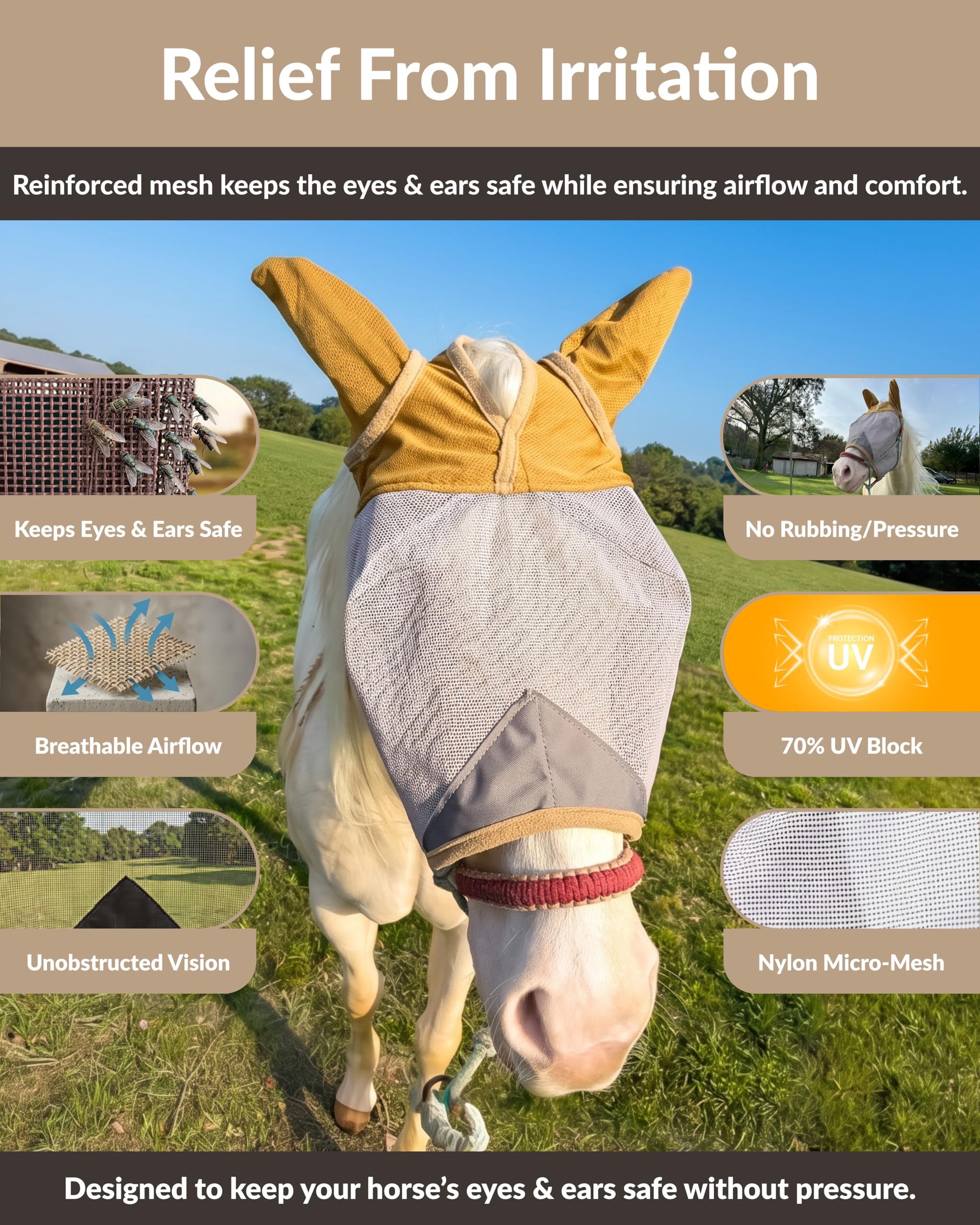 Máscara de mosca de caballo con orejas – Malla que no transfiere calor – 70% de protección UV – Máscara de mosca equina transpirable con cubierta para orejas – Tamaño de caballos – Máscara suave y