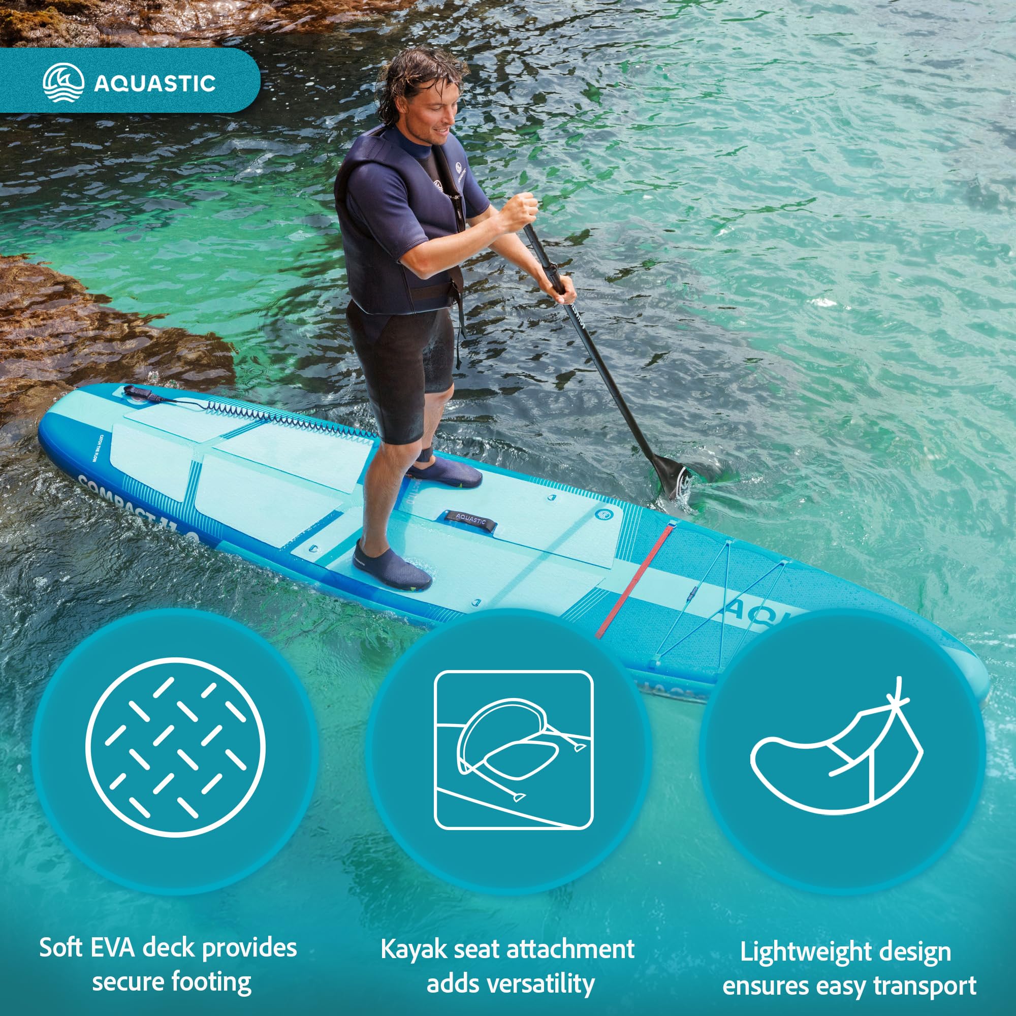 AQUASTIC Compact 11'0 SUP Board Set do wszechstronnego wiosłowania | 335 x 81 x 12 cm, do 100 kg, składane; w zestawie wiosło, pompka, plecak, smycz i 2 płetwy wsuwane