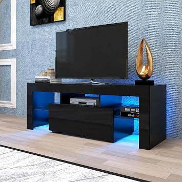 55" TV Stand with LED RGB Lights, Modern TV Cabinet for Flat Screen & Gaming Consoles, Living Room/Bedroom Entertainment Center, Black