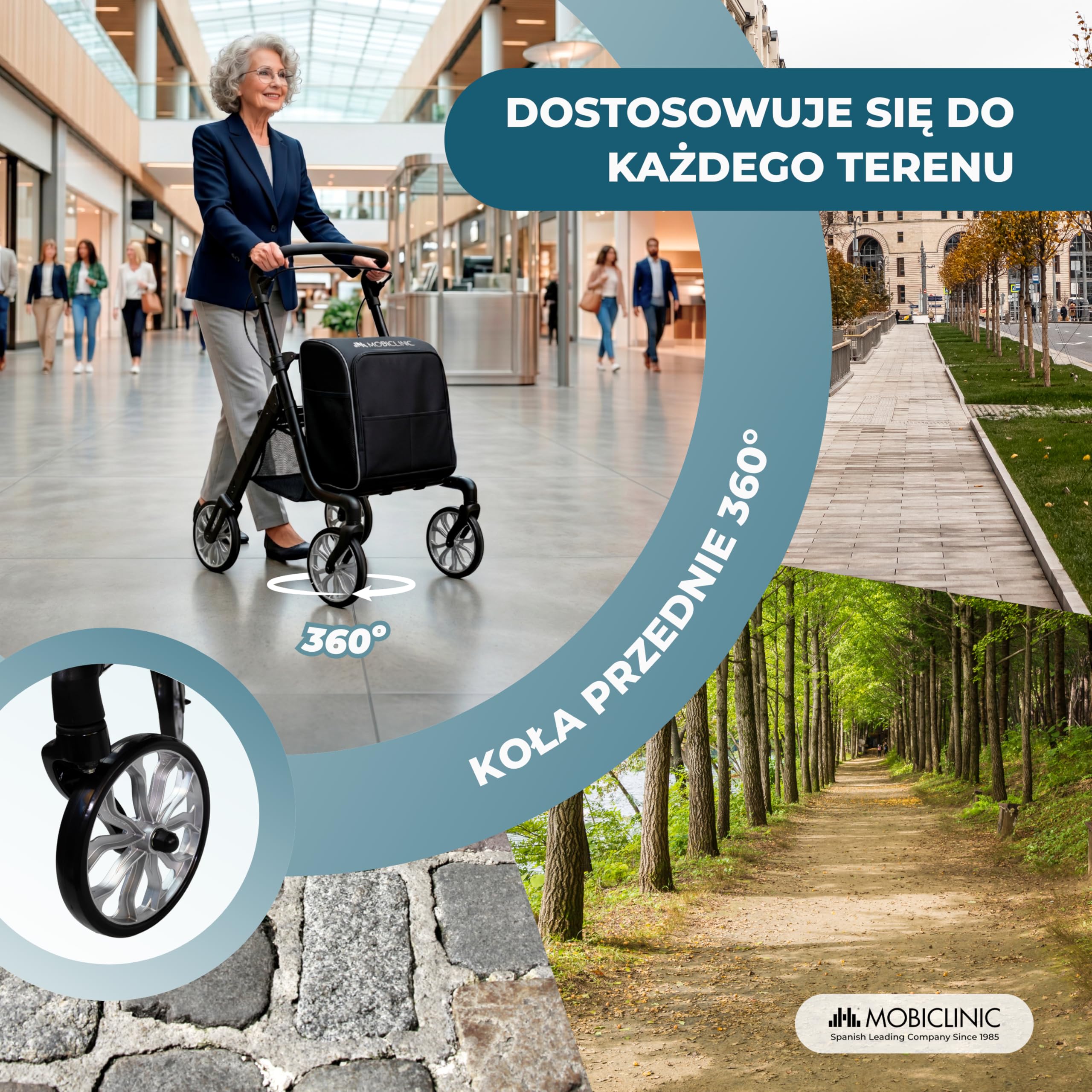 Mobiclinic®, Składany Chodzik + Wózek na Zakupy, 2 w 1, Hamulec Postojowy, Regulacja w 6 Pozycjach Wysokości, Jednouchwytowy, Kosz i Wyjmowana Torba XXL, Kółka Obrotowe 360º, Aluminium, Formen