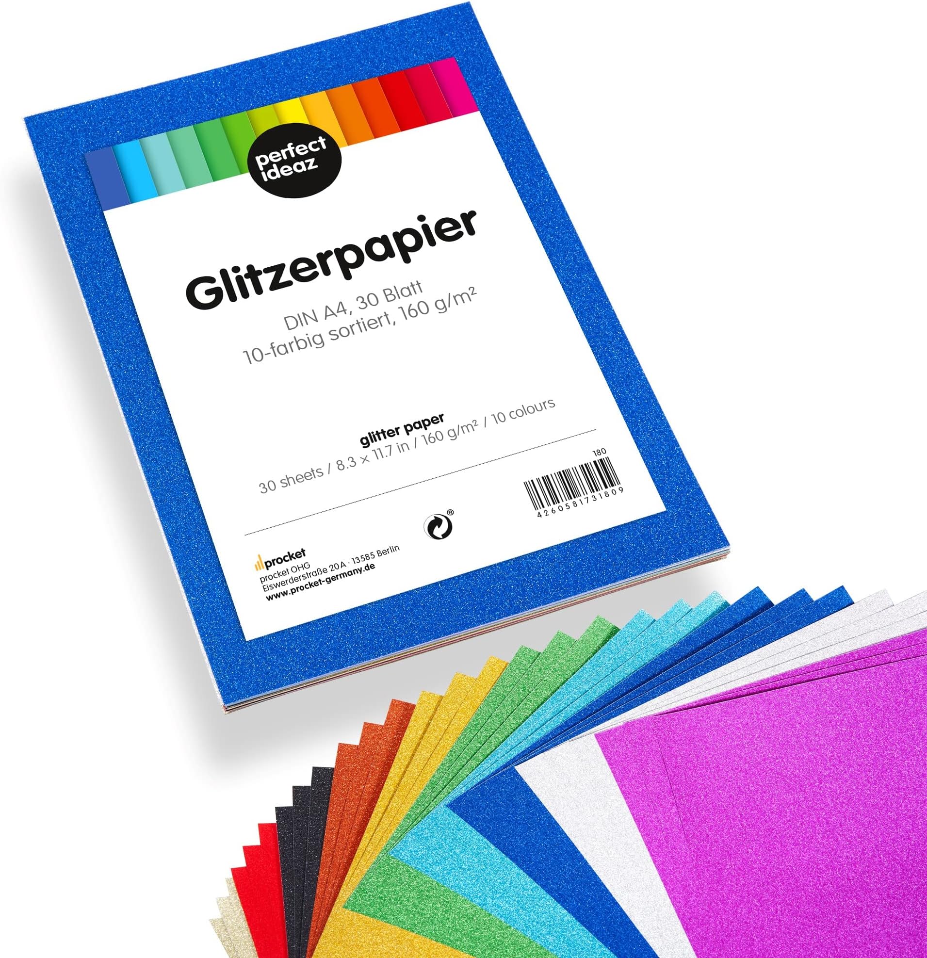 perfect ideaz - 30 Sheets of Glitter Paper, Coloured Card A4, 10 Assorted Colours, 21 x 29.7cm, 160 g/m²