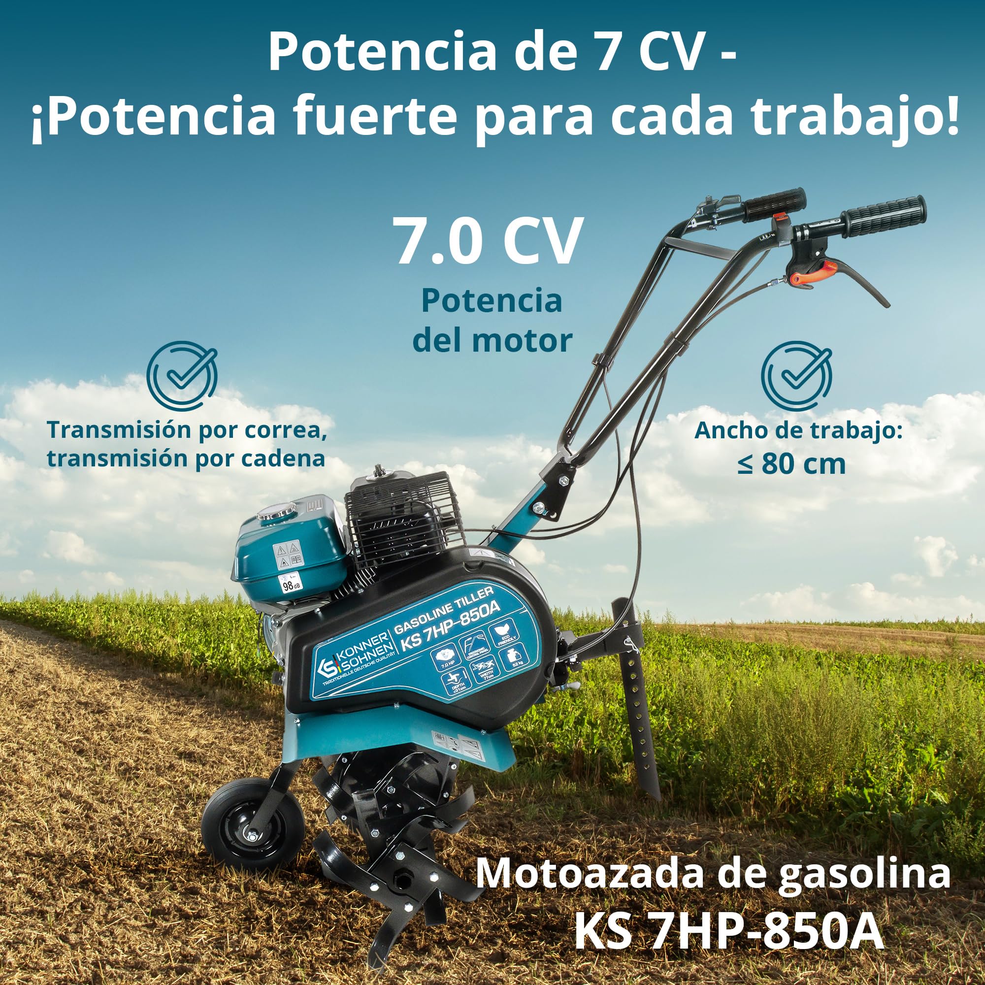 Könner & Söhnen KS 7HP-850A Cultivador de Gasolina con accionamiento por Correa, Fresa de jardín con Fresa Sable forjada, arado Ajustable, Potencia del Motor de 7 CV en Esta motobinadora