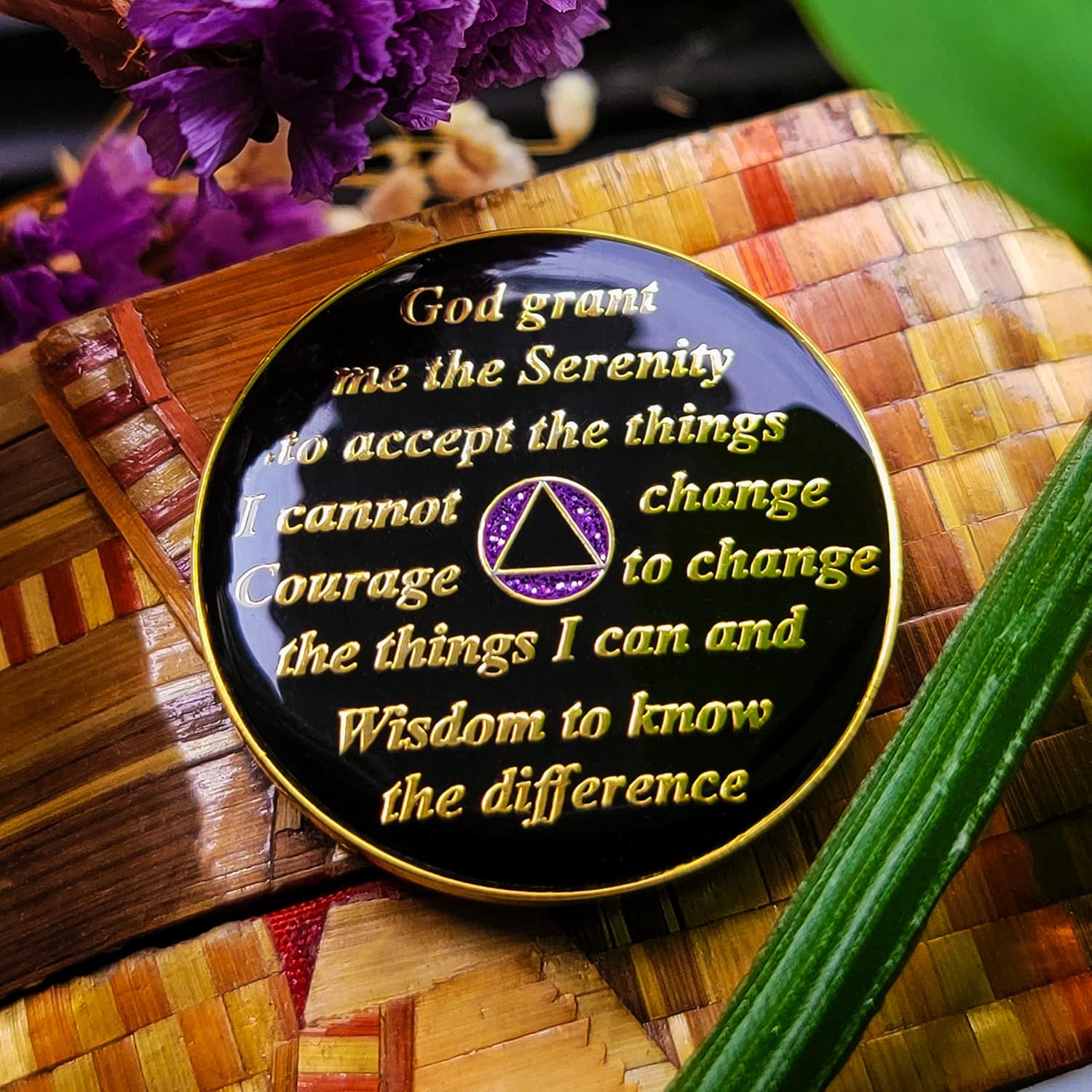 The Token Shop 1 Year Sobriety Coin | Crystallized Purple Glitter AA Chip Recovery Anniversary Token with Serenity Prayer