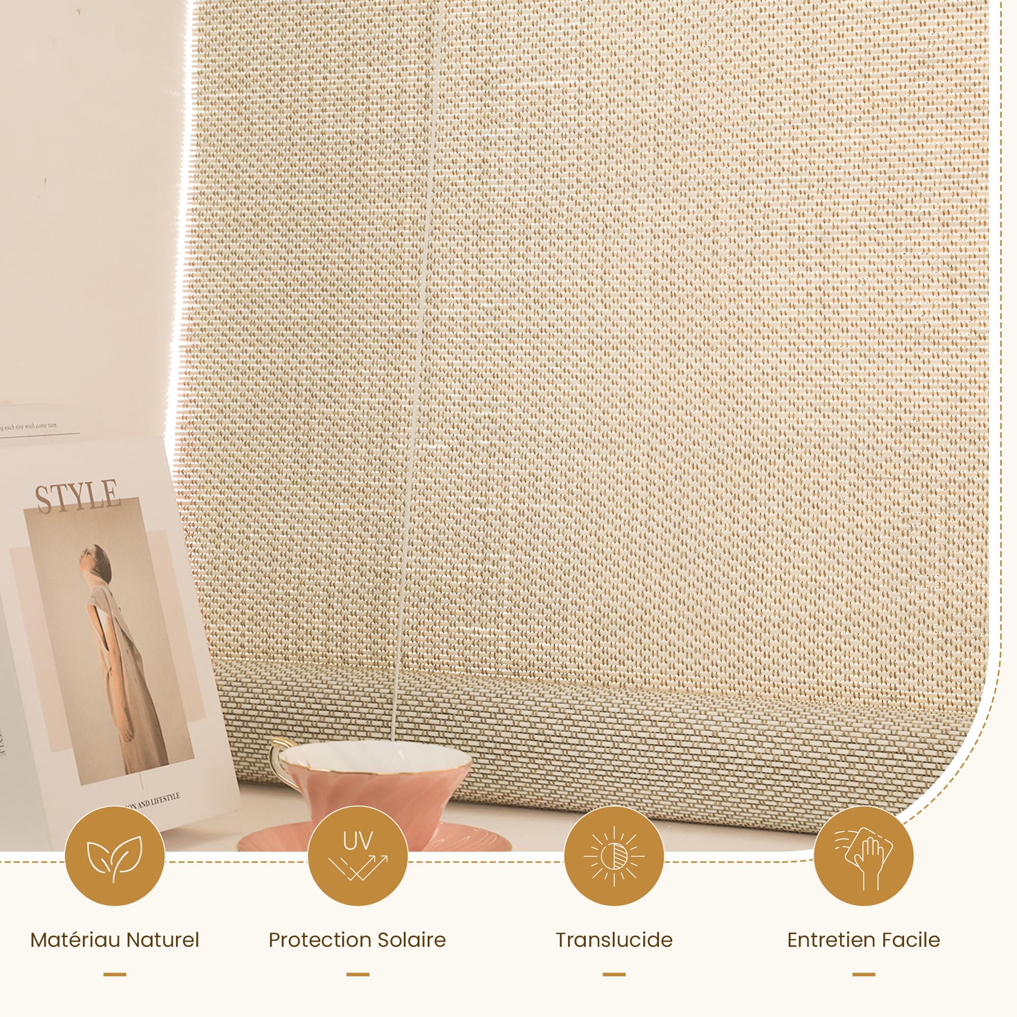 Grandekor Store Enrouleur Extérieur Occultant Bambou 110 x 220cm Crème, Résistant Extérieur pour Terrasse Véranda Pergola Porte & Fenêtre