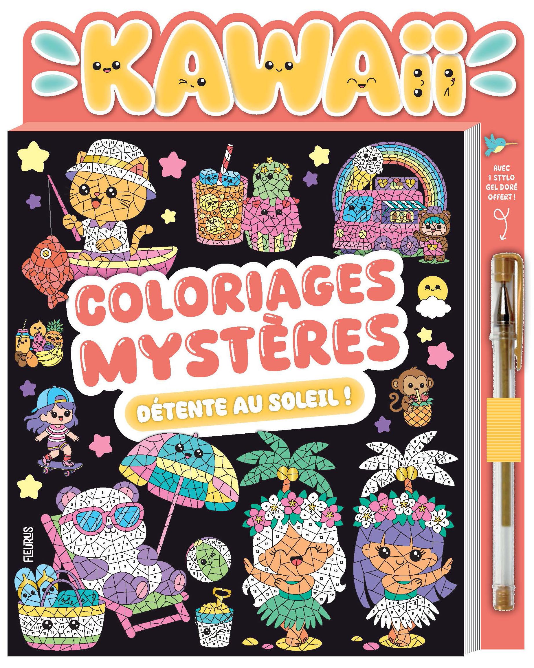 Coloriages mystères kawaii détente au soleil (avec stylo gel doré)